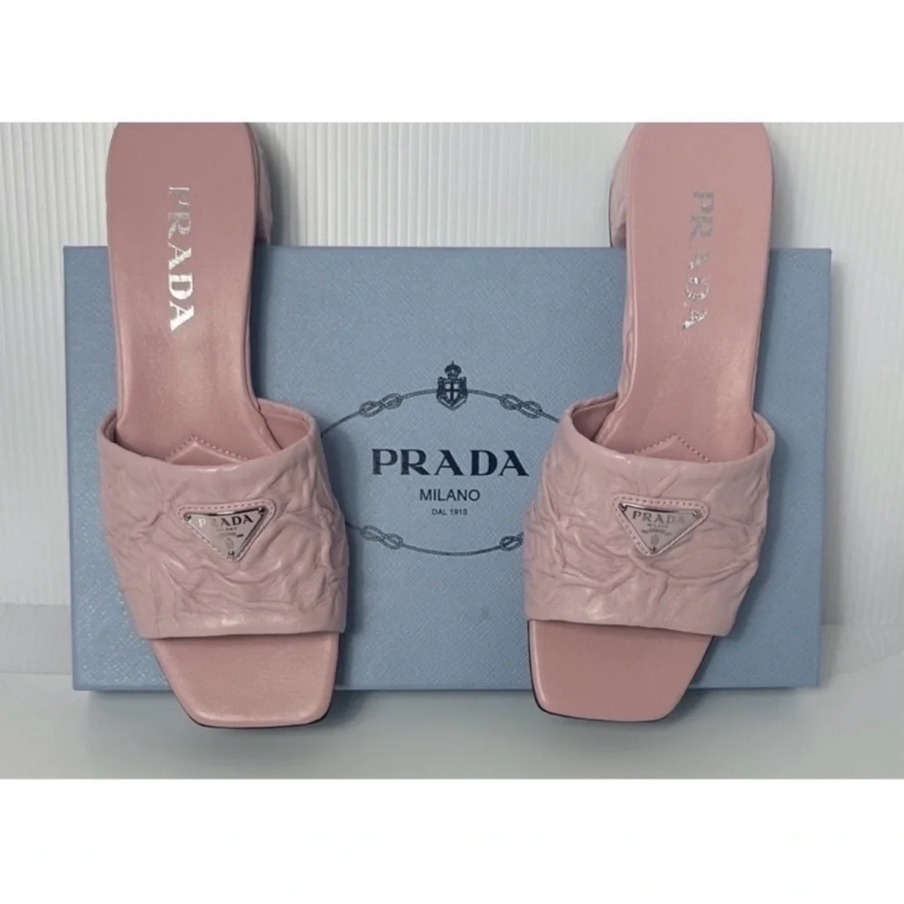 Prada Crinkled Leather Block-Heel Slip on Logo Mules Sandals size 8 Pale Pink